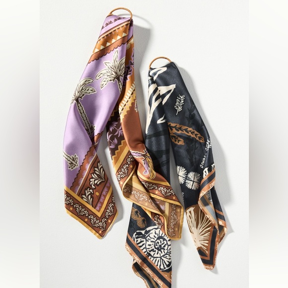 Anthropologie Accessories - Anthropologie Scarves PAIR Botanical Palms Black Purple Copper 27” SQUARE NEW